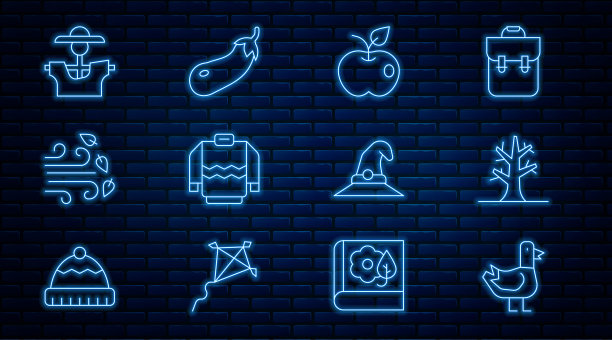 设置线鸽子，裸树，苹果，毛衣，多风的天气，稻草人，女巫帽子和茄子图标。向量图片下载