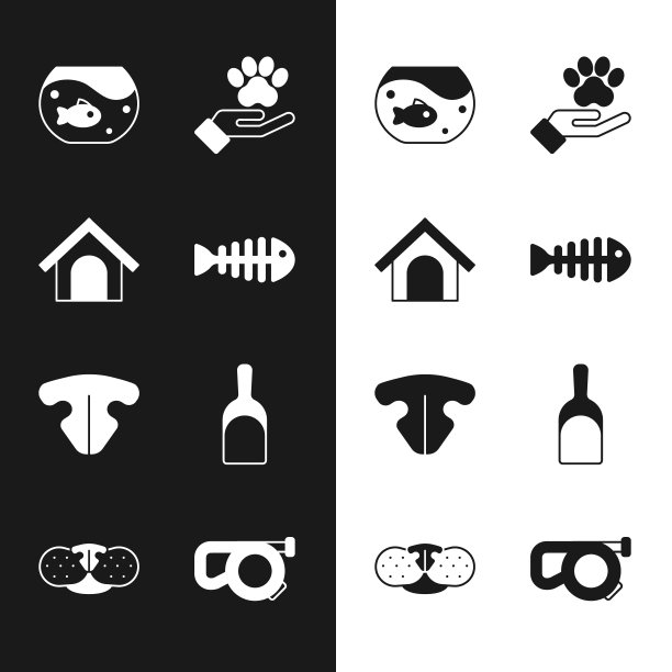 集鱼骨架，狗屋，水族馆与鱼，手动物足迹，猫鼻子，畚箕，伸缩绳皮带和图标。向量图片下载