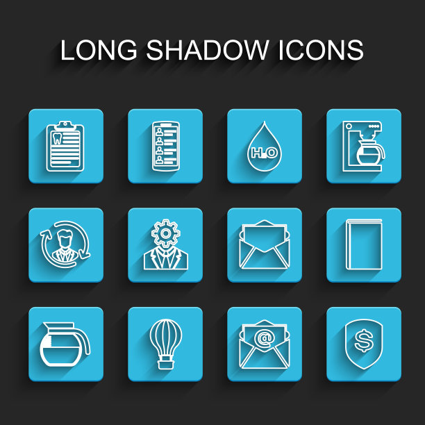 设置线咖啡壶，热气球，剪贴板与牙科卡，邮件和电子邮件，盾美元，头部装备内，书和图标。向量图片下载