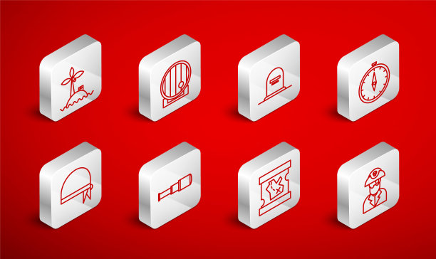 设置行海盗船长，木桶，刻有安息符的墓碑，指南针，藏宝图，热带岛屿海洋，望远镜镜头和大手帕为头部图标。向量图片下载