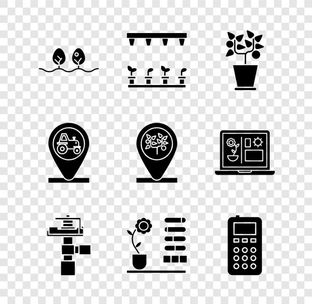 设置植物，自动灌溉洒水器，花盆，花卉状态，远程控制，拖拉机和位置和位置树图标。向量图片下载