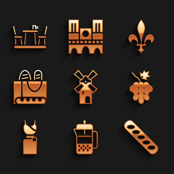 设置风车，法式压滤机，法棍面包，葡萄水果，女人连衣裙，芙蓉德里斯和咖啡馆图标。向量图片下载