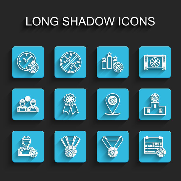 设置线篮球运动员，奖牌，时钟与篮球，在体育日历，奖项，体育获奖者领奖台和位置图标。向量图片下载