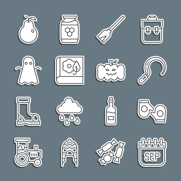 设置线九月日历秋季，圣诞节手套，镰刀，把扫帚，标本馆，幽灵，梨和南瓜图标。向量图片下载