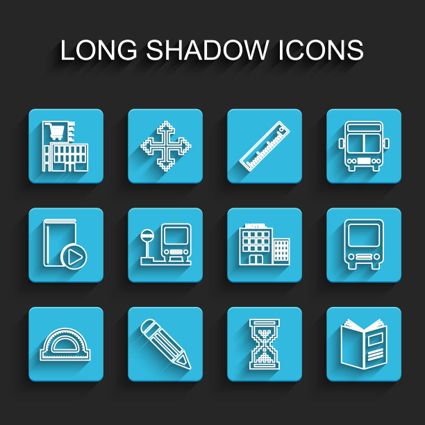 设置线量角器网格，铅笔，商场超市建筑，沙漏像素，打开的书，公交车站，酒店图标。向量图片下载