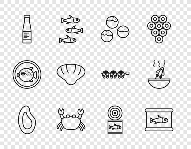 集贻贝、鱼罐头、章鱼烧、蟹肉、酱瓶、扇贝、章鱼汤于一身。向量图片下载