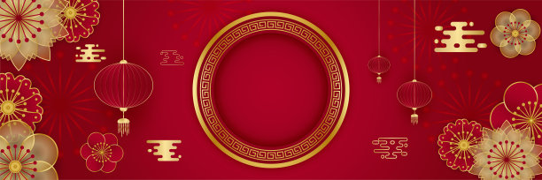 中国农历2022年虎年红金花和亚洲元素剪纸与工艺风格的背景。通用中文背景横幅。矢量图图片下载