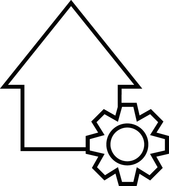 物业及按揭概念。矢量轮廓符号，细线。完美的广告，网站，网上商店和商店。线路图标的齿轮由房屋作为工程或建筑建设的象征图片下载
