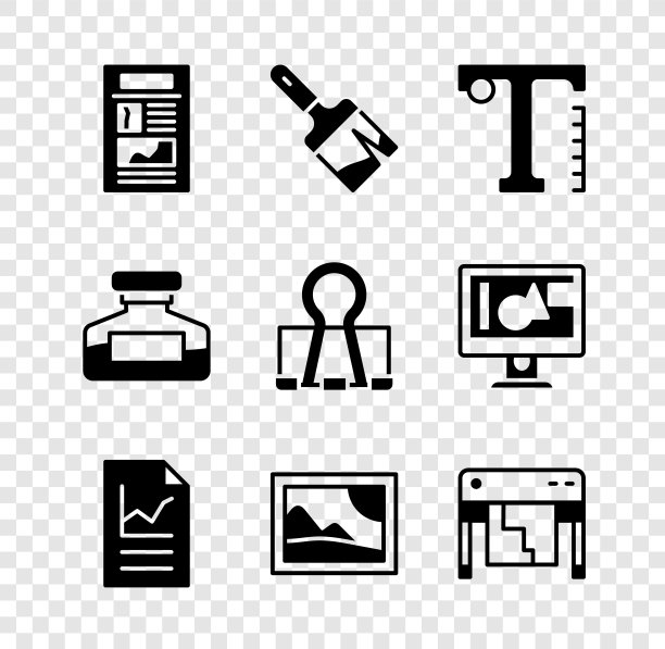 设置新闻，画笔，文本，文档图表，图片景观，绘图仪，墨水瓶和剪贴夹图标。向量图片下载