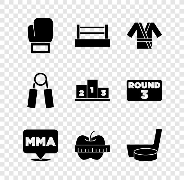 设置拳击手套，戒指，日本服装和服，搏击俱乐部综合格斗，苹果和卷尺，冰球棍冰球，体育扩展和体育冠军领奖台图标。向量图片下载