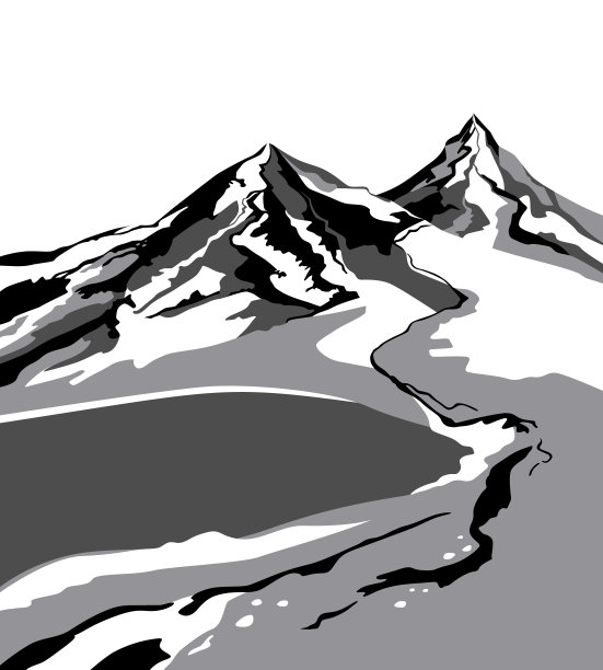 山的风景。风格化的形象的山，草地，山湖和河流。黑白矢量插图。图片下载