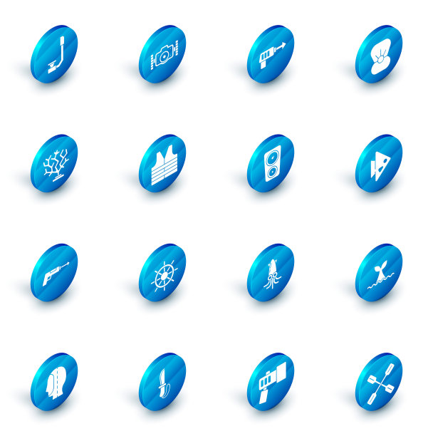 设置照片相机，鱼叉，贝壳珍珠，珊瑚，救生衣，和标尺刻度图标。向量图片下载