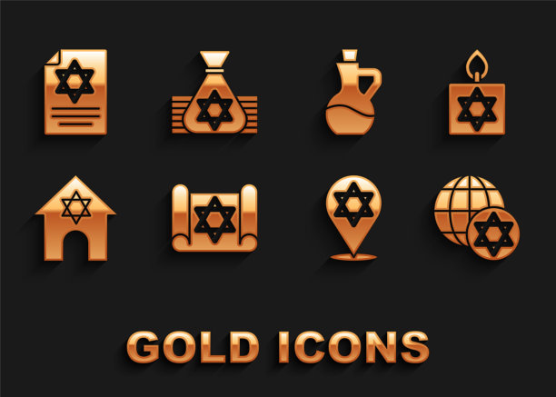 设置Torah卷轴，燃烧的蜡烛，世界以色列，大卫之星，犹太会堂，瓶子橄榄油，和钱袋图标。向量图片下载