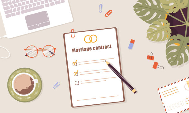 婚姻合同。婚前协议文档。夫妻离婚的概念。婚前协议结婚证书。自上而下的观点。矢量插图在平面卡通风格图片下载