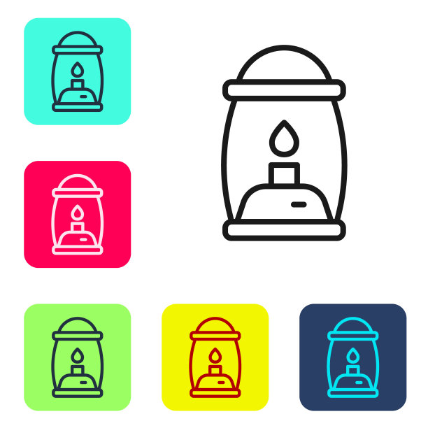 黑色线野营灯笼图标孤立在白色背景。设置彩色方块按钮图标。向量图片下载