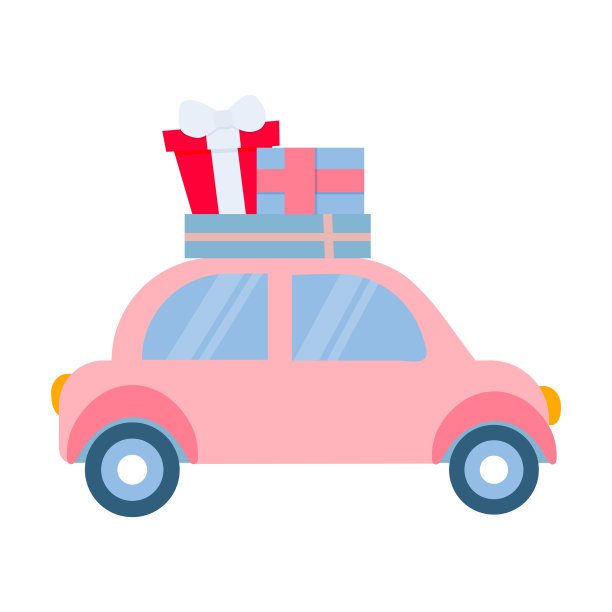 粉红色的车，车顶架上有一堆礼物和礼品盒。情人节的元素。矢量平面插图。图片下载