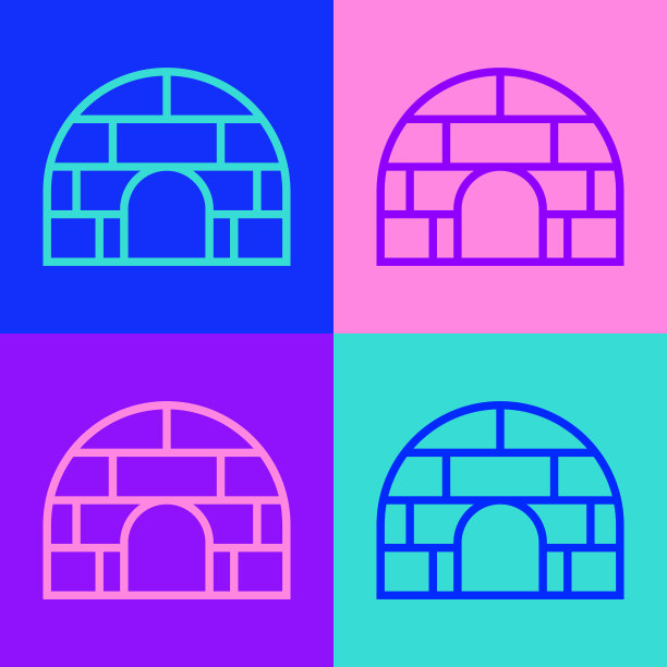 波普艺术线冰屋图标孤立的颜色背景。雪之家，爱斯基摩人用积木搭成的圆顶状过冬小屋。向量图片下载