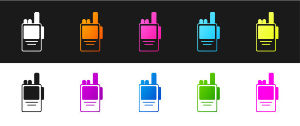 设置对讲机图标孤立在黑白背景上。便携式无线电发射机图标。无线电收发器的信号。向量图片下载