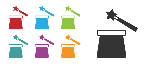 黑魔法帽子和魔杖图标孤立在白色背景上。魔术。神秘的娱乐概念。设置图标丰富多彩。向量图片下载