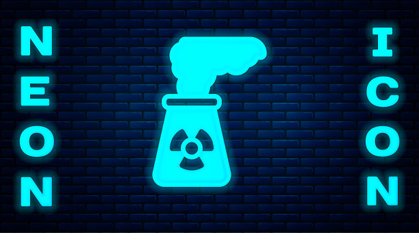 发光的霓虹灯核电厂图标孤立在砖墙背景上。能源工业的概念。向量图片下载