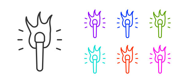 黑色线条火炬火焰图标孤立在白色背景上。象征火的热，火焰的力量，燃烧和热。设置图标丰富多彩。向量图片下载