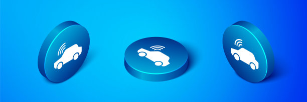 等距智能汽车系统与无线连接图标孤立在蓝色背景。远程控制汽车。蓝色圆按钮。向量图片下载