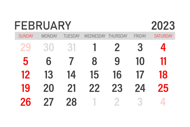 2023年2月日历模板。2023年2月布局。可打印的月度计划。台历设计。从周日开始图片下载