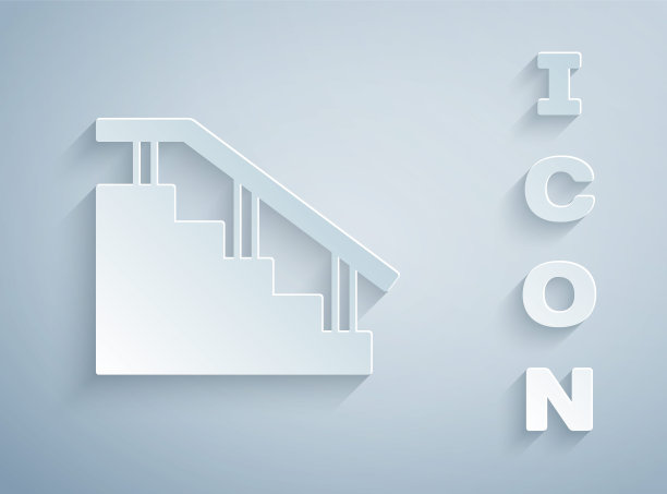 剪纸滑板楼梯与轨道图标孤立在灰色背景。纸艺术风格。向量图片下载