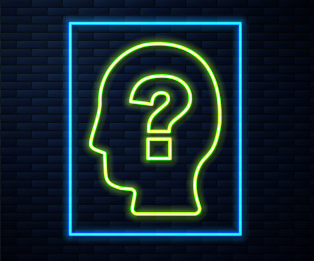 发光的霓虹灯线人的头与问号图标孤立在砖墙背景。向量图片下载