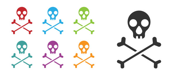 黑色骷髅十字架图标孤立在白色背景上。快乐的万圣节派对。设置图标丰富多彩。向量图片下载