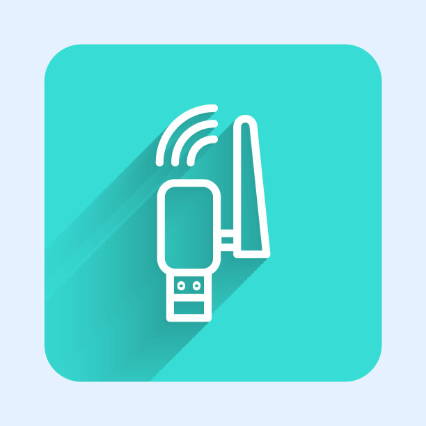 白线Usb无线适配器图标隔离与长阴影背景。绿色广场按钮。向量图片下载