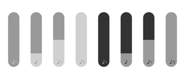 音量指示器在光明和黑暗的版本，矢量图标设置。为应用程序、玩家和关卡可视化创建图片下载