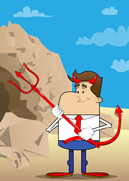 简单的复古卡通商人恶魔拿着干草叉。图片下载