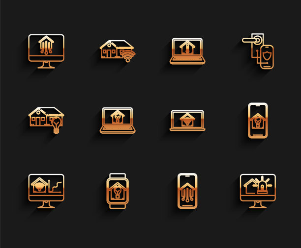 设置线电脑显示器与智能家庭与wi-fi，智能手表房子和灯泡，手机，闹钟，笔记本电脑，和图标。向量图片下载