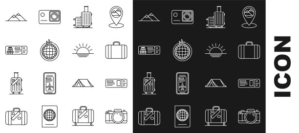 集摄影、旅游票、旅行箱、环球飞行、邮轮旅游、山川、日落图标于一体。向量图片下载