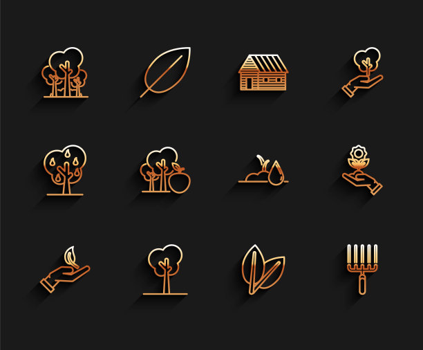 设置线苗在环保手上，树，树，叶，花园耙子工作，与苹果，手握花和浇水的芽图标。向量图片下载