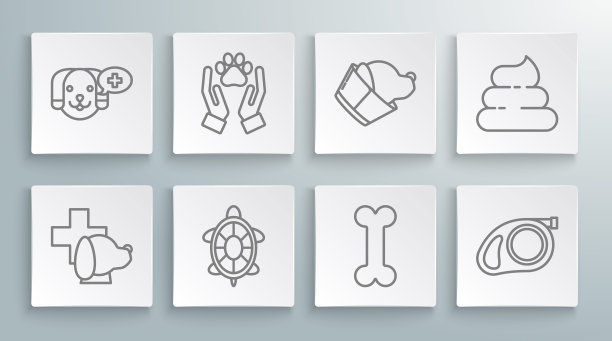 设置线兽医诊所符号，手与动物足迹，乌龟，狗骨，可伸缩绳牵引钩，狗屎和图标。向量图片下载