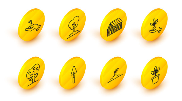 花盆花卉、苗木、花园泥铲或铁锹、带苹果树、环保植物之手、农家、地面及图标。向量图片下载