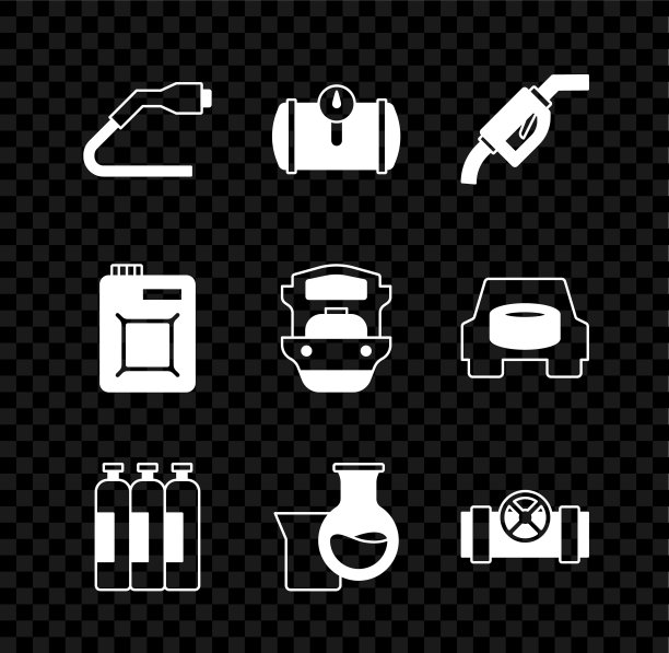 设置电线插头充电，汽车油箱，汽油泵喷嘴，工业气瓶，石油汽油试管，金属管和阀门，罐马达和油轮船图标。向量图片下载