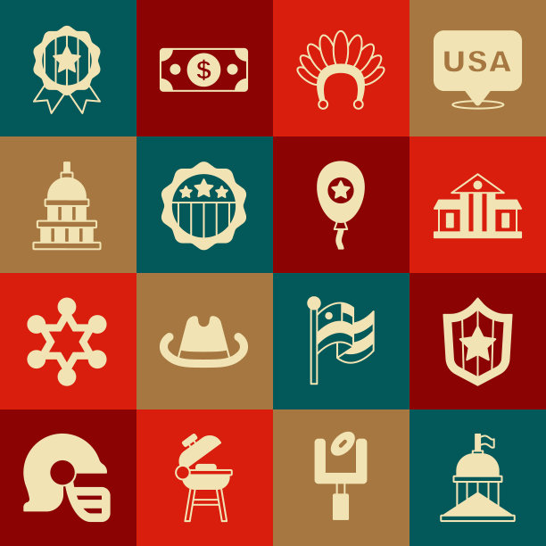 设置白宫，盾牌与星星，印度头饰羽毛，美国独立日，奖章和气球图标。向量图片下载
