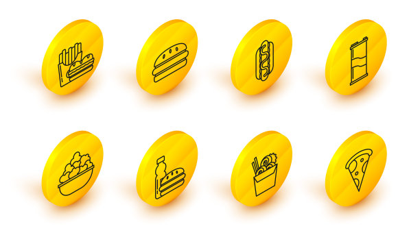 设置线披萨片，纸盒和筷子的亚洲面条，瓶装水汉堡，爆米花碗，苏打罐，热狗三明治与芥末，汉堡和炸薯条纸箱包装图标。向量图片下载