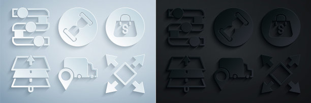 设置送货跟踪，购物袋与销售，层，许多方向箭头，旧沙漏和图形，图表，图表图标。向量图片下载