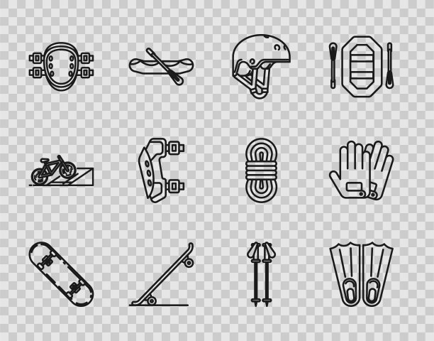 设置线滑板技巧，橡胶脚蹼游泳，头盔，护膝，滑雪杆和手套图标。向量图片下载