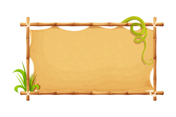 框架从竹棒，旧纸，绳子，草在漫画卡通风格孤立在白色背景上。部落的，乡村的剪贴画。Ui游戏资产。矢量图图片下载