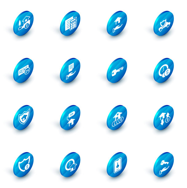 设置计算器，房地产经纪人，盾牌汽车，租金，房子，合同，时间是金钱和关键图标。向量图片下载