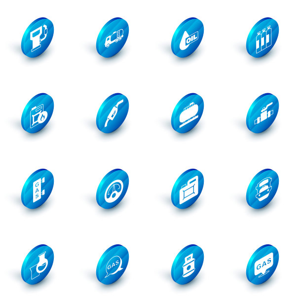 设置油罐车、油滴、工业气瓶罐、机油罐、加气站、汽油泵喷嘴、金属管和阀门、储存图标。向量图片下载