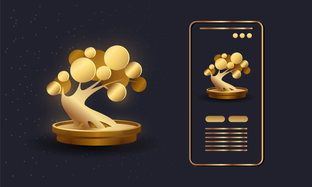 金色盆景树和盆景花盆矢量插图。摘要手机app界面设计采用小金色树图标。Sokan盆景的风格。图片下载