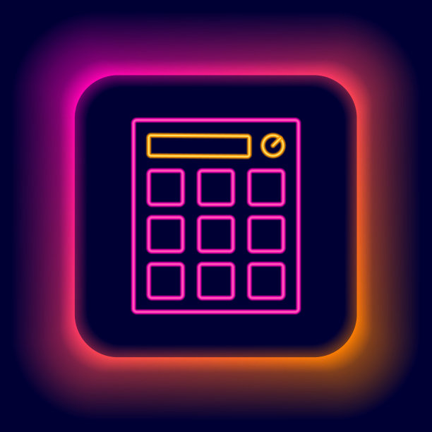 发光的霓虹灯线鼓机音乐制作人设备图标孤立在黑色背景上。色彩斑斓的轮廓的概念。向量图片下载