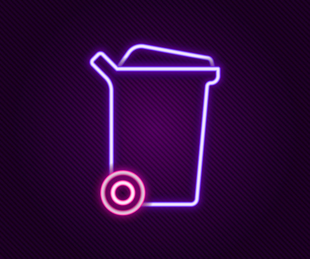 发光的霓虹灯线垃圾桶图标孤立在黑色背景。垃圾桶的迹象。回收篮图标。办公室垃圾图标。色彩斑斓的轮廓的概念。向量图片下载