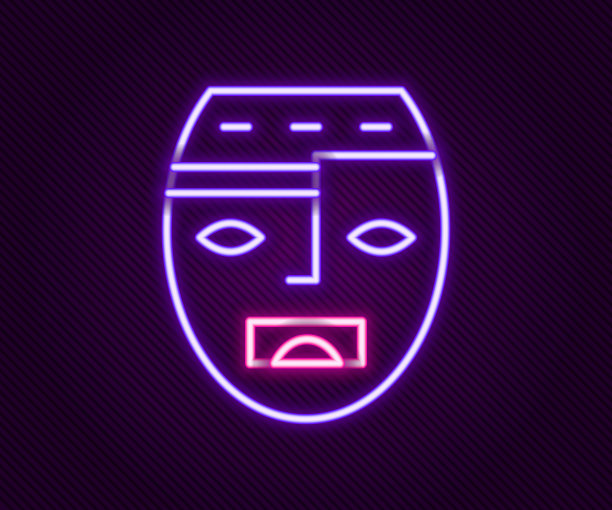 发光的霓虹灯线墨西哥玛雅或阿兹特克面具图标孤立在黑色背景上。色彩斑斓的轮廓的概念。向量图片下载